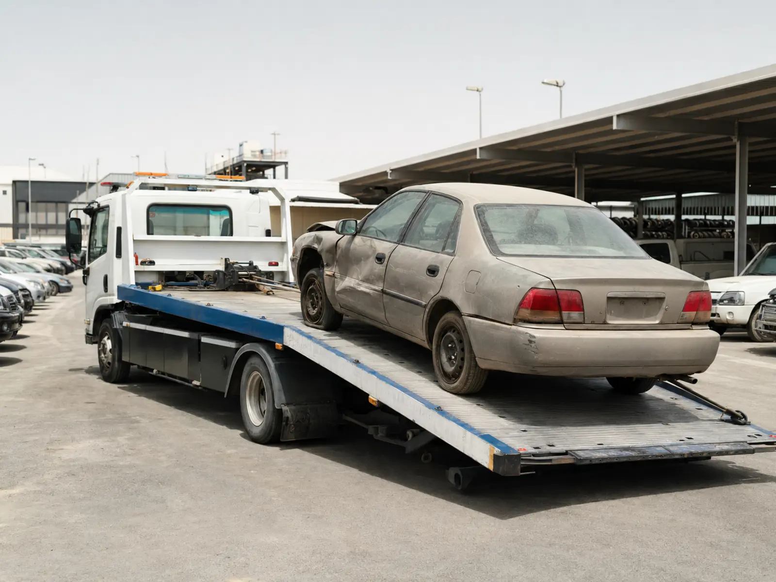 تحميل سيارة تشليح قديمة على سطحة في الرياض